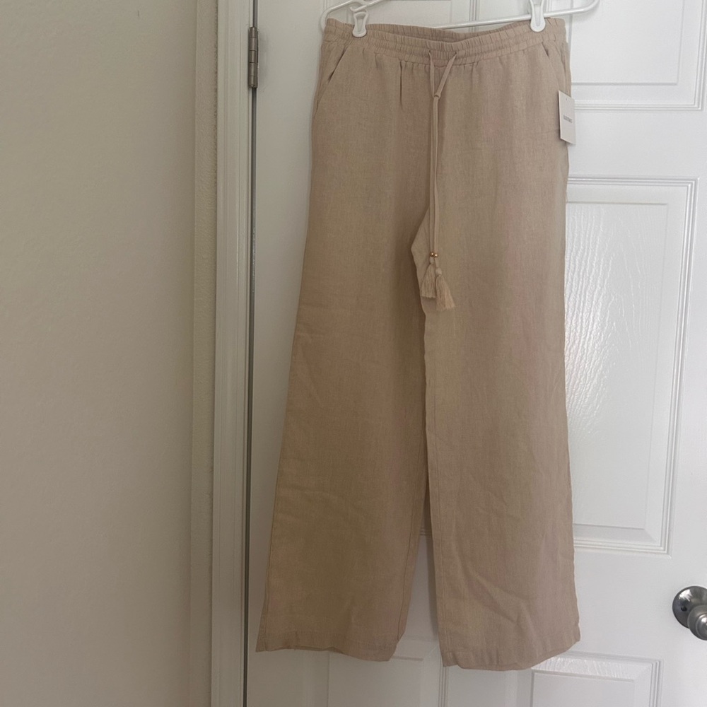 Ellen Tracy Beige Wide-Leg Linen Pants